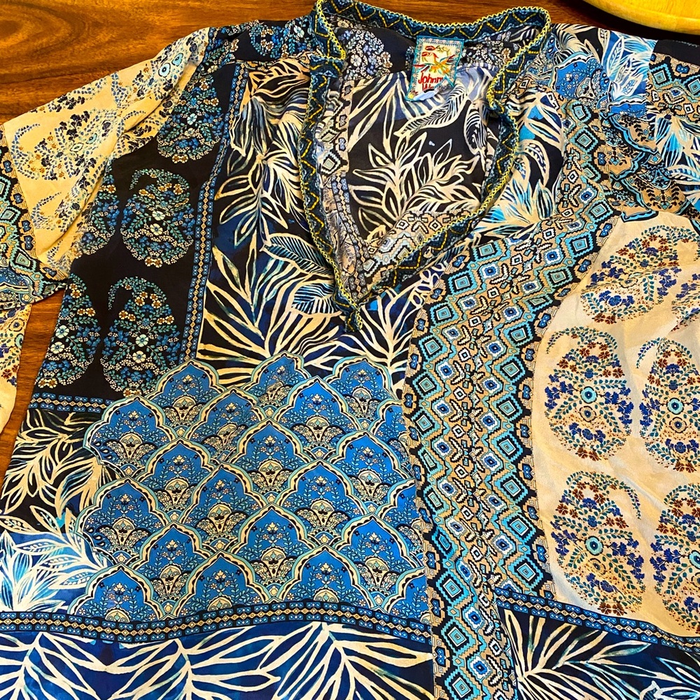 Johnny Was Blue and Cream Patterned Blouse